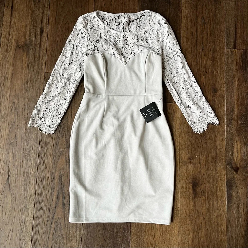 NWT. Lulus grey lace 3/4 length sleeve dress, All the Stars, size medium